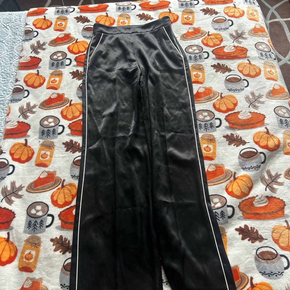 Wilfred Black Satin Wide-Leg Pants with White Piping